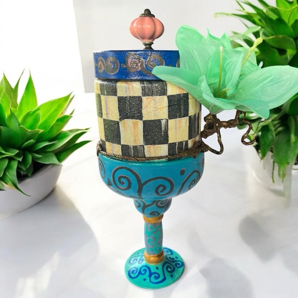 Artistic Blue and Black Checkered Trinket Jar, Mackenzie Child Inspired.. - Picture 3 of 14
